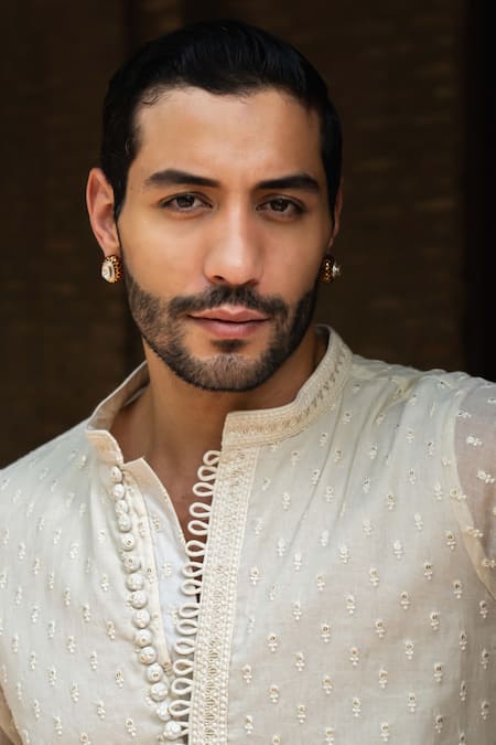 Shop_Preevin_Off White Cotton Sequins, Embroidery Dots Full Kurta With Pant _Online_at_Aza_Fashions