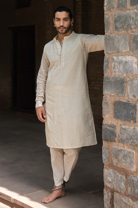 Preevin Off White Cotton Sequins, Embroidery Dots Full Kurta With Pant