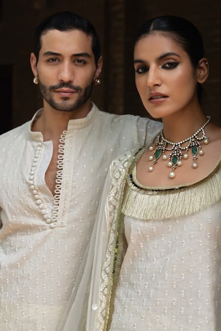 Preevin_Off White Cotton Sequins, Embroidery Dots Full Kurta With Pant _at_Aza_Fashions