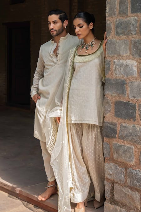 Buy_Preevin_Off White Cotton Sequins, Embroidery Dots Full Kurta With Pant 