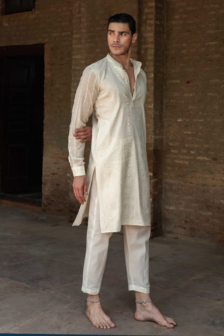 Shop_Preevin_Off White Cotton Embroidery Line Full Kurta With Pant _Online_at_Aza_Fashions