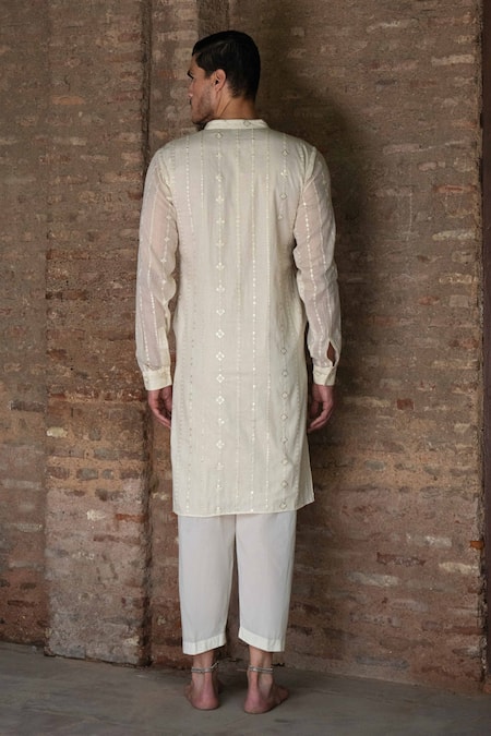 Preevin Off White Line Full Embroidered Kurta With Pant 