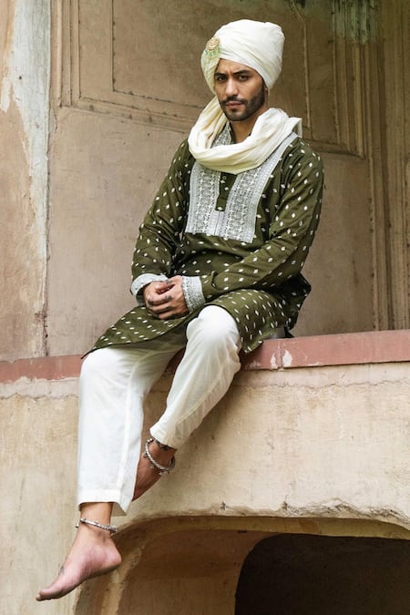 Buy Preevin Olive Green Chanderi Silk, Cotton Embroidery Big Border Full Kurta With Pant Online at Aza Fashions Buy_Preevin_Olive Green Chanderi Silk, Cotton Embroidery Big Border Full Kurta With Pant _Online_at_Aza_Fashions