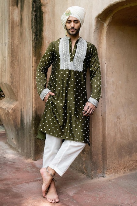 Preevin Olive Green Chanderi Silk, Cotton Embroidery Big Border Full Kurta With Pant