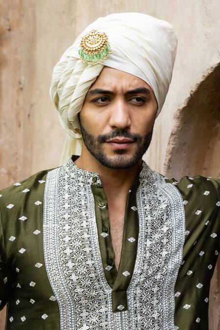 Shop Preevin Olive Green Chanderi Silk, Cotton Embroidery Big Border Full Kurta With Pant Online at Aza Fashions Shop_Preevin_Olive Green Chanderi Silk, Cotton Embroidery Big Border Full Kurta With Pant _Online_at_Aza_Fashions