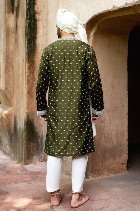 Preevin Olive Big Border Full Embroidered Kurta With Pant 
