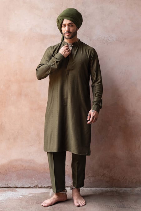 Buy_Preevin_Olive Green Cotton, Silk Embroidery Line Sequence Kurta With Pant _Online_at_Aza_Fashions