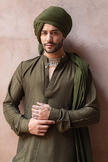 Shop_Preevin_Olive Green Cotton, Silk Embroidery Line Sequence Kurta With Pant _Online_at_Aza_Fashions