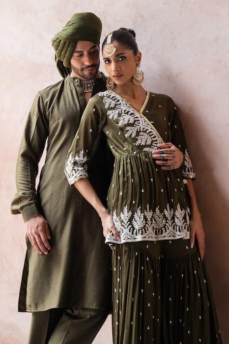 Preevin_Olive Green Cotton, Silk Embroidery Line Sequence Kurta With Pant _at_Aza_Fashions