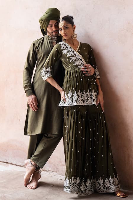 Buy_Preevin_Olive Green Cotton, Silk Embroidery Line Sequence Kurta With Pant 