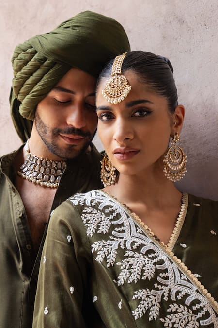 Shop_Preevin_Olive Green Cotton, Silk Embroidery Line Sequence Kurta With Pant 