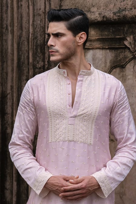 Preevin_Pink Chanderi Silk, Cotton Embroidery Onion Big Border Full Kurta With Pant _Online_at_Aza_Fashions