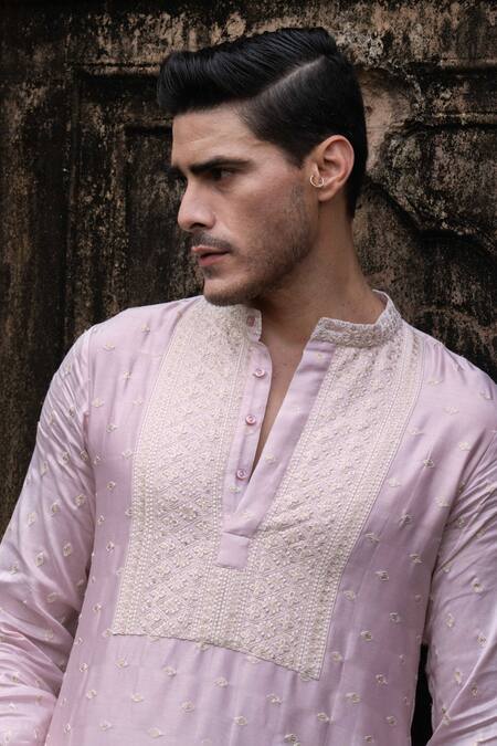 Buy_Preevin_Pink Chanderi Silk, Cotton Embroidery Onion Big Border Full Kurta With Pant _Online_at_Aza_Fashions