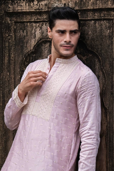 Shop_Preevin_Pink Chanderi Silk, Cotton Embroidery Onion Big Border Full Kurta With Pant _Online_at_Aza_Fashions
