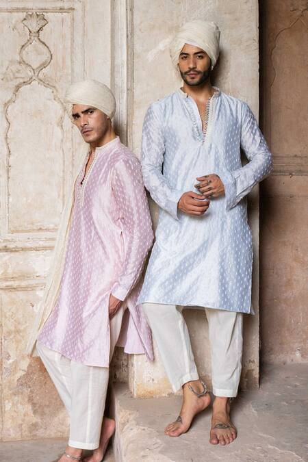 Buy_Preevin_Pink Chanderi Silk, Cotton Embroidery Onion Dots Full Kurta With Pant _Online_at_Aza_Fashions