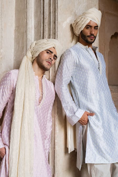 Shop_Preevin_Pink Chanderi Silk, Cotton Embroidery Onion Dots Full Kurta With Pant _Online_at_Aza_Fashions