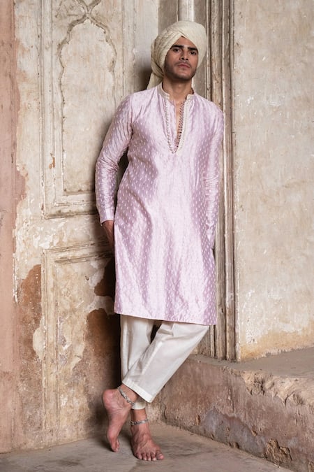 Preevin Pink Chanderi Silk, Cotton Embroidery Onion Dots Full Kurta With Pant 