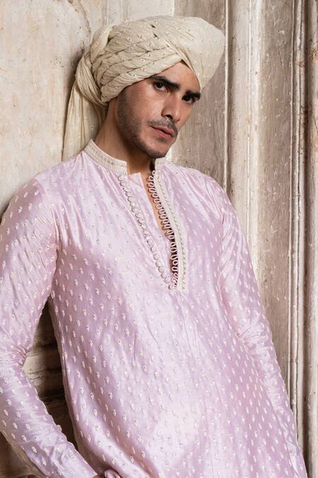 Preevin_Pink Chanderi Silk, Cotton Embroidery Onion Dots Full Kurta With Pant _at_Aza_Fashions