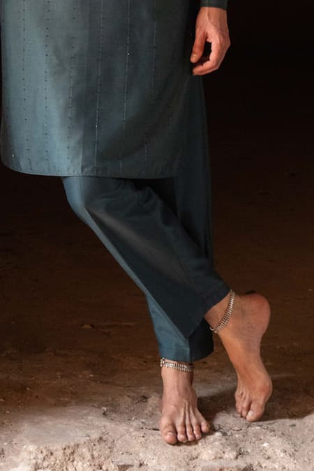 Preevin_Teal Cotton, Silk Sequins Line Sequence Kurta With Pant _Online_at_Aza_Fashions