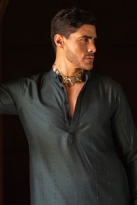 Buy_Preevin_Teal Cotton, Silk Sequins Line Sequence Kurta With Pant _Online_at_Aza_Fashions