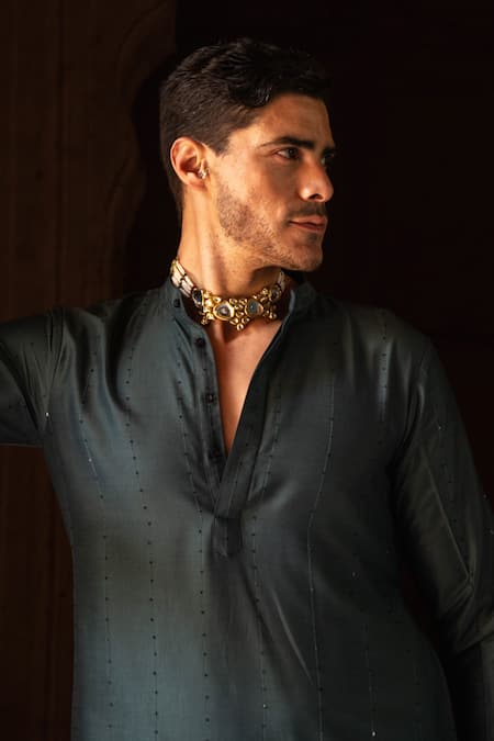 Shop_Preevin_Teal Cotton, Silk Sequins Line Sequence Kurta With Pant _Online_at_Aza_Fashions