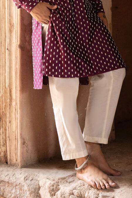 Preevin_Wine Chanderi Silk Embroidery Dots Full Kurta With Pant _Online_at_Aza_Fashions
