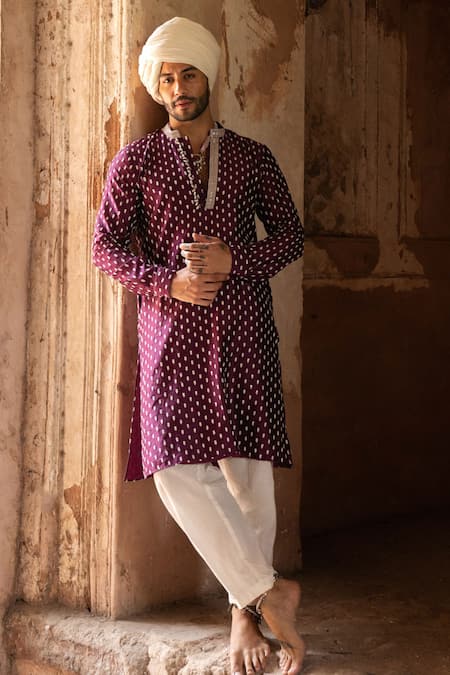 Preevin Wine Chanderi Silk Embroidery Dots Full Kurta With Pant