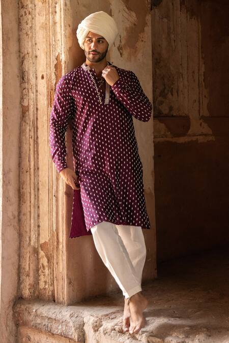 Shop_Preevin_Wine Chanderi Silk Embroidery Dots Full Kurta With Pant _Online_at_Aza_Fashions