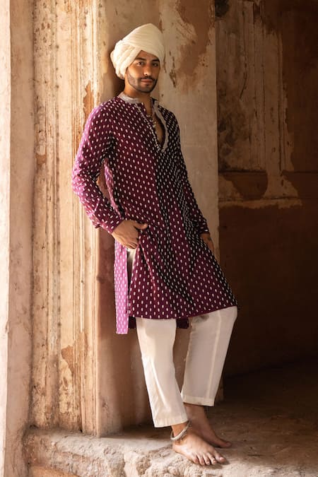 Preevin_Wine Chanderi Silk Embroidery Dots Full Kurta With Pant _at_Aza_Fashions