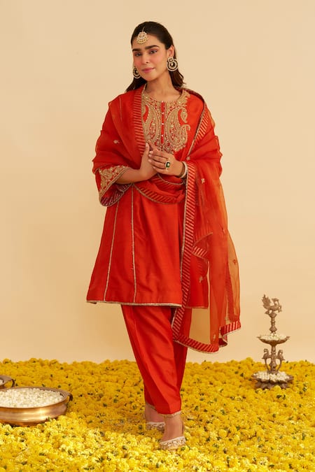 Sheetal Batra Orange Embroidery Round Neck Ayra Kurta With Salwar Online at Aza Fashions Sheetal Batra_Orange Embroidery Round Neck Ayra Kurta With Salwar _Online_at_Aza_Fashions
