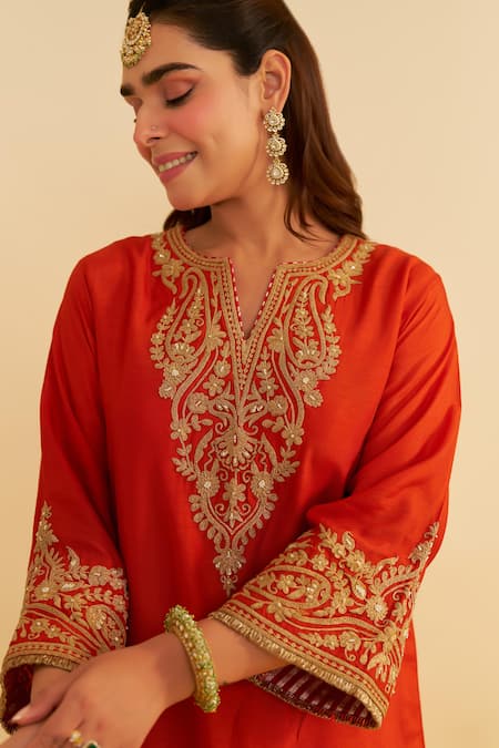 Sheetal Batra Orange Embroidery Round Neck Marwa Chauga Kurta Set at Aza Fashions Sheetal Batra_Orange Embroidery Round Neck Marwa Chauga Kurta Set _at_Aza_Fashions