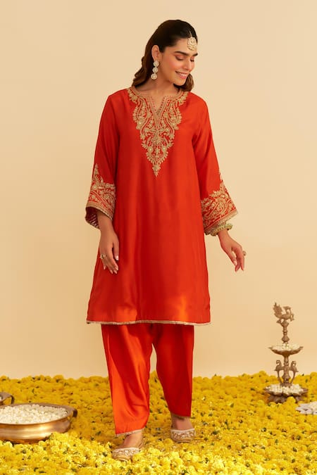 Sheetal Batra Orange Embroidery Round Neck Marwa Chauga Kurta Set at Aza Fashions Sheetal Batra_Orange Embroidery Round Neck Marwa Chauga Kurta Set _at_Aza_Fashions