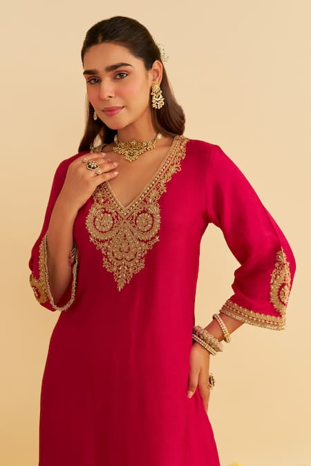 Buy_Sheetal Batra_Pink Silk Organza Embroidery Round Neck Haayat Kaftan Set _Online_at_Aza_Fashions