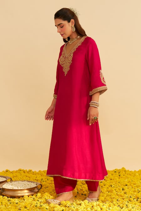 Shop_Sheetal Batra_Pink Silk Organza Embroidery Round Neck Haayat Kaftan Set _Online_at_Aza_Fashions