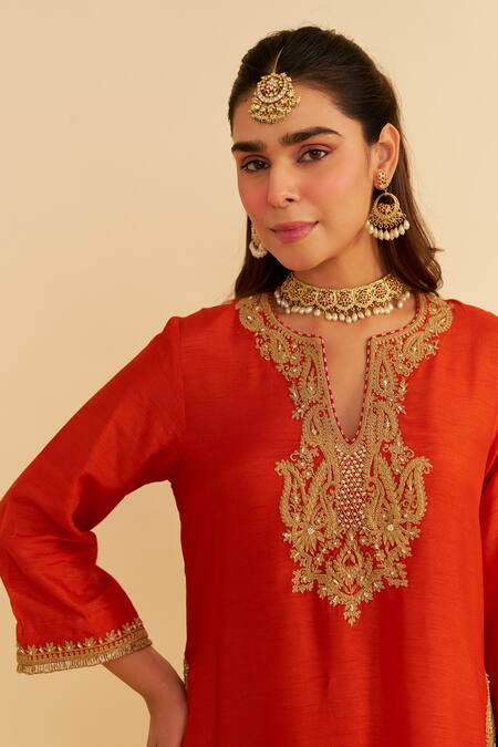 Shop Sheetal Batra Orange Embroidery Round Neck Amaya Kaftan Set Online at Aza Fashions Shop_Sheetal Batra_Orange Embroidery Round Neck Amaya Kaftan Set _Online_at_Aza_Fashions