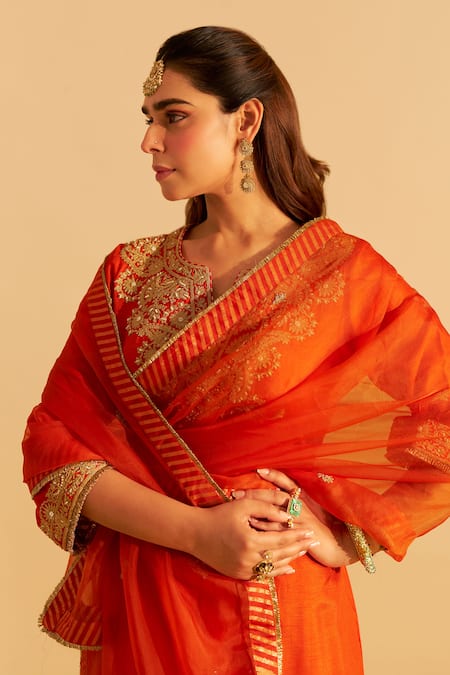 Sheetal Batra Orange Silk Organza Embroidery Split V-neck Hiba Kaftan Set at Aza Fashions Sheetal Batra_Orange Silk Organza Embroidery Split V-neck Hiba Kaftan Set _at_Aza_Fashions