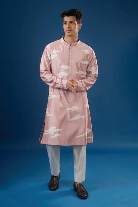 Countrymade Pink Embroidery Old Rose Abstract Cloud Kurta Set 