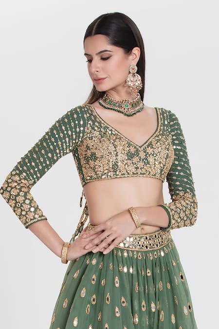 Abhinav Mishra_Green Net, Georgette, Organza Mirrors, Panna Jade Embroidered Lehenga Set _Online_at_Aza_Fashions