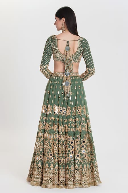 Abhinav Mishra Panna Jade Green Mirror Embroidered Lehenga Set 