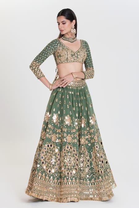 Buy_Abhinav Mishra_Green Net, Georgette, Organza Mirrors, Panna Jade Embroidered Lehenga Set _Online_at_Aza_Fashions