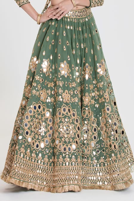 Shop_Abhinav Mishra_Green Net, Georgette, Organza Mirrors, Panna Jade Embroidered Lehenga Set _Online_at_Aza_Fashions