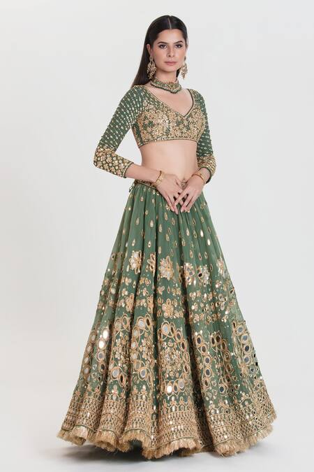 Abhinav Mishra_Green Net, Georgette, Organza Mirrors, Panna Jade Embroidered Lehenga Set _at_Aza_Fashions