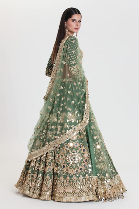 Buy_Abhinav Mishra_Green Net, Georgette, Organza Mirrors, Panna Jade Embroidered Lehenga Set 