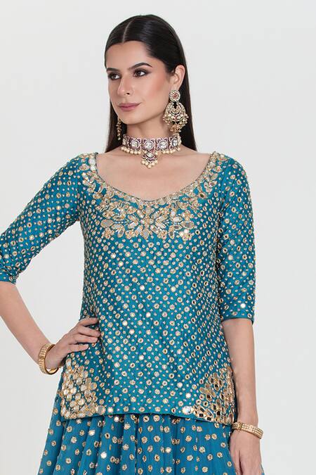 Abhinav Mishra Blue Net, Chanderi Sequins, Zari, Phiroza Royal Embroidered Lehenga Set Online at Aza Fashions Abhinav Mishra_Blue Net, Chanderi Sequins, Zari, Phiroza Royal Embroidered Lehenga Set _Online_at_Aza_Fashions