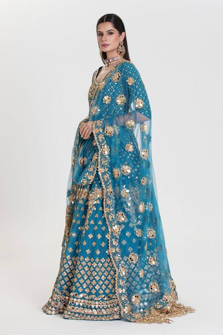 Shop Abhinav Mishra Blue Net, Chanderi Sequins, Zari, Phiroza Royal Embroidered Lehenga Set Online at Aza Fashions Shop_Abhinav Mishra_Blue Net, Chanderi Sequins, Zari, Phiroza Royal Embroidered Lehenga Set _Online_at_Aza_Fashions