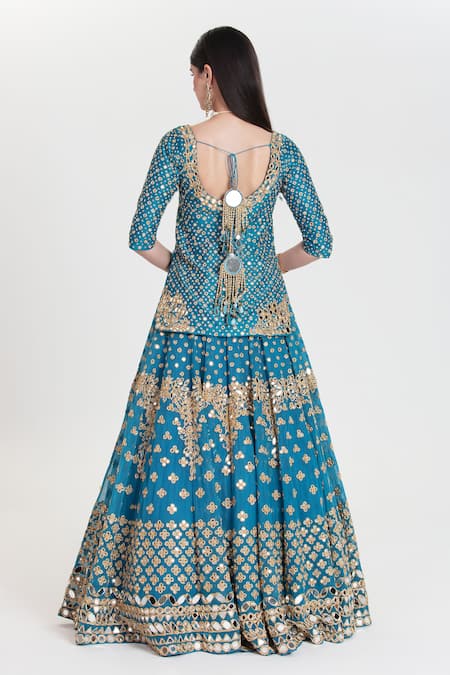 Abhinav Mishra Phiroza Royal Blue Mirror Embroidered Lehenga Set 