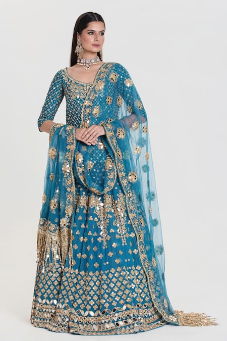 Abhinav Mishra Blue Net, Chanderi Sequins, Zari, Phiroza Royal Embroidered Lehenga Set