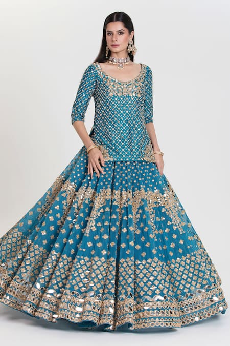 Abhinav Mishra Blue Net, Chanderi Sequins, Zari, Phiroza Royal Embroidered Lehenga Set at Aza Fashions Abhinav Mishra_Blue Net, Chanderi Sequins, Zari, Phiroza Royal Embroidered Lehenga Set _at_Aza_Fashions