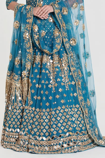 Buy Abhinav Mishra Blue Net, Chanderi Sequins, Zari, Phiroza Royal Embroidered Lehenga Set Buy_Abhinav Mishra_Blue Net, Chanderi Sequins, Zari, Phiroza Royal Embroidered Lehenga Set