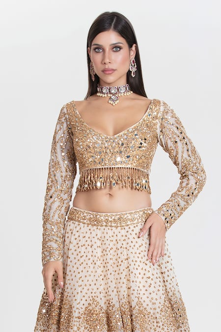 Abhinav Mishra_Ivory Net Mirrors, Sequins, Zari Plunge Mogra Love Designer And Gold Lehenga Set _Online_at_Aza_Fashions